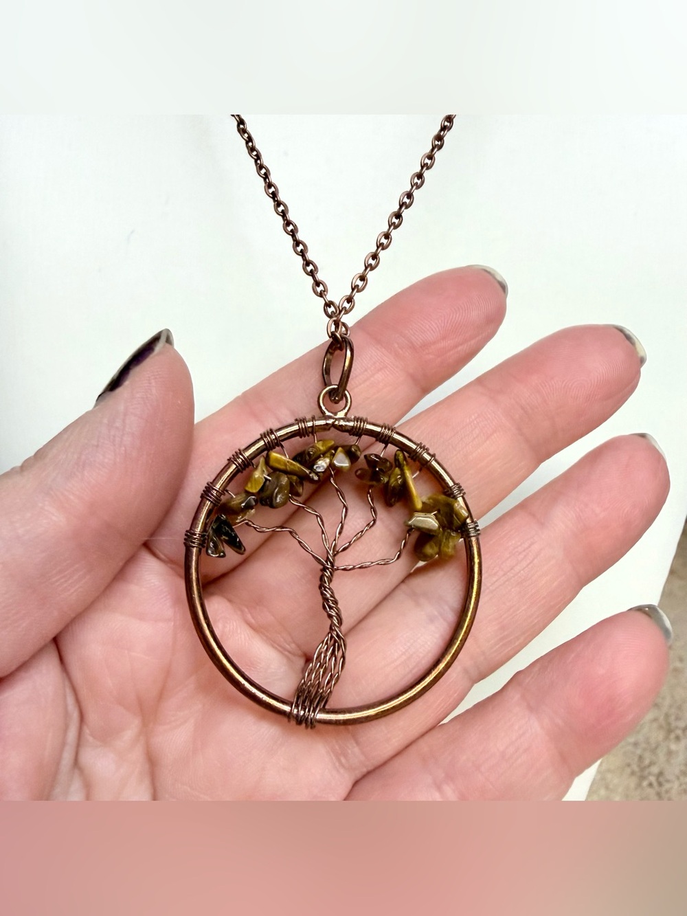 Handmade Copper Wire Wrapped Tree of Life Pendant Necklace Genuine Tiger Eye